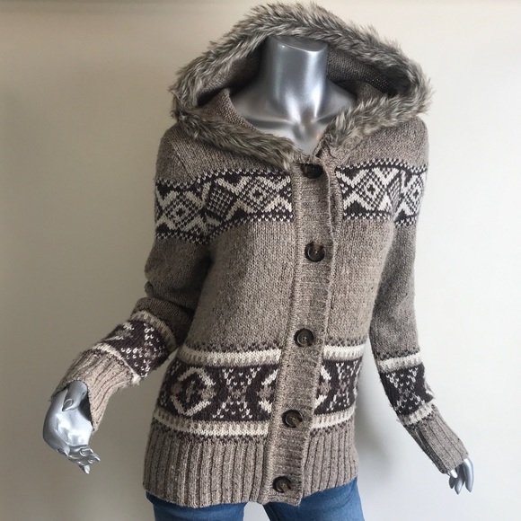 St. John Bay M Alpaca Blend Knit Cardigan Sweater Faux Fur Hoodie Button Down - Picture 11 of 14